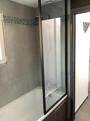 a shower with a glass door in a bathroom at Le petit Four Neuf in Lézardrieux