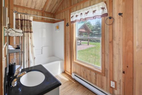 ein Bad mit einem Waschbecken und einem Fenster in der Unterkunft Sky Eco - Glacier General Store and Cabins in Coram