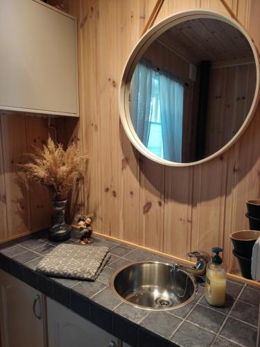 a bathroom counter with a sink and a mirror at Hytte ved Vråvatnet i Vrådal in Sinnes