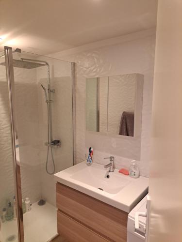 une salle de bain avec un lavabo et une douche dans l'établissement Appartement 3 pièces à 5 minutes de la plage N7, à Saint-Laurent-du-Var