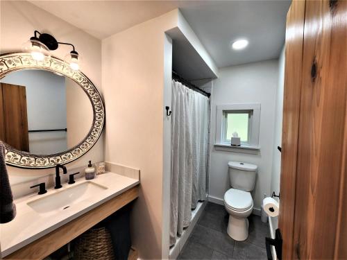 a bathroom with a sink and a toilet and a mirror at Steps to Beach-Hot Tub-Fireplace-Northern Original in Traverse City