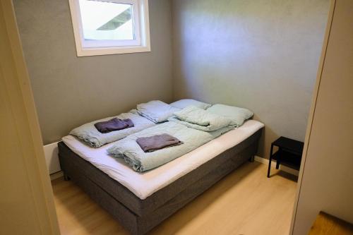 グリムスタにあるKoselig leilighet i Grimstad like ved UiAの枕2つが備わるドミトリールームのベッド1台分です。