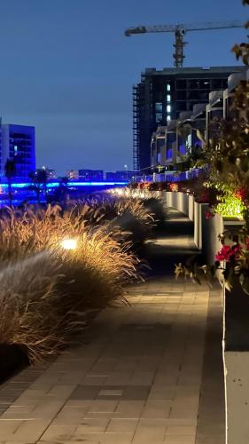 a sidewalk at night with tall grass and buildings at Wishes Luxury villa near to beach in Ras al Khaimah