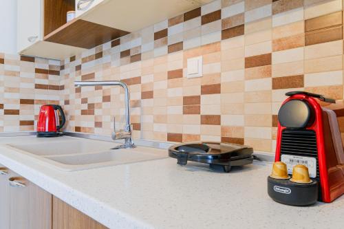a kitchen counter with a sink and a mixer at The Blue House in Leptokarya