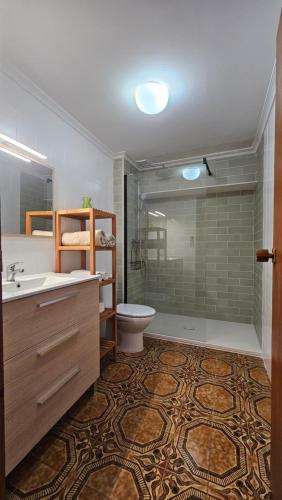 a bathroom with a sink and a toilet and a shower at CASA ALTA OLIVA PLAYA in Oliva