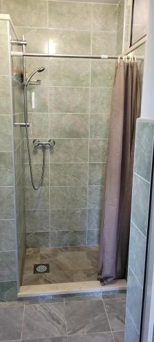 a shower with a glass door in a bathroom at PERFECT NEST at Sunset Beach in Vela Luka