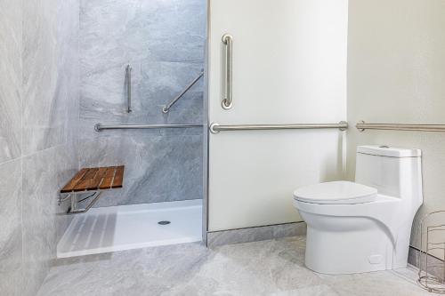 een badkamer met een wit toilet en een douche bij Grant Street Inn in Dunedin