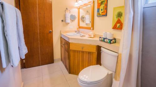 y baño con aseo, lavabo y espejo. en Margaritas Condo by BVR, en Playa del Carmen