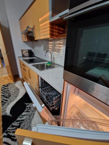 a kitchen with an oven with a sink and a microwave at apartma-sobe Lejla in Vipava