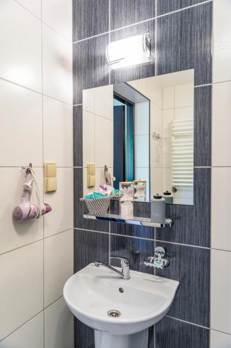 a bathroom with a sink and a mirror at Pokoje u Marioli in Wisła