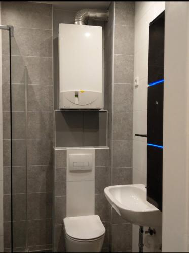a small bathroom with a toilet and a sink at Apartament mit eine Schlafzimmer Ferienwohnung in Warendorf