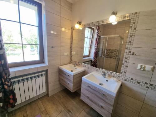 een badkamer met een wastafel en een spiegel bij Hostel Rumiankowy Airport Hostel in Wrocław
