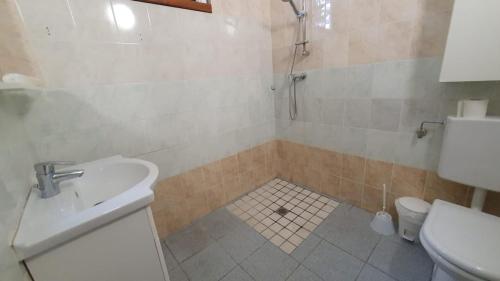 ein Bad mit einer Dusche, einem Waschbecken und einem WC in der Unterkunft Room for rent Castelnuovo in Castelnuovo del Garda