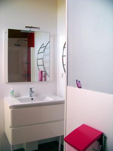 une salle de bain avec un lavabo et un miroir dans l'établissement gite du devez des bruyéres, à Prades