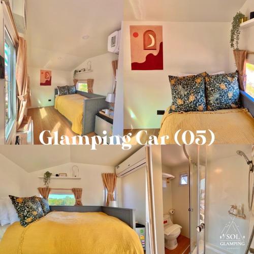 two photos of a caravan bedroom with two beds at SOL Glamping at Khao yai in Ban Nong Makha