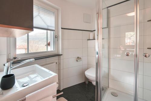 a bathroom with a toilet and a sink and a shower at Baienhof in Morter