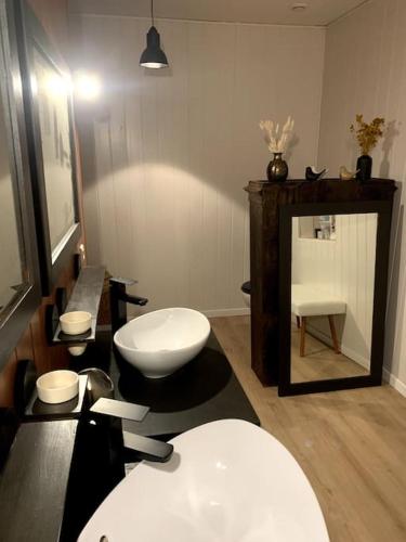 une salle de bain avec un lavabo blanc et un miroir dans l'établissement Une chambre au calme en Gâtine Deux-Sévrienne, à Vouhé