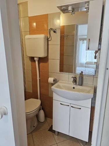 a small bathroom with a sink and a toilet at Beach Villa Ema in Rab