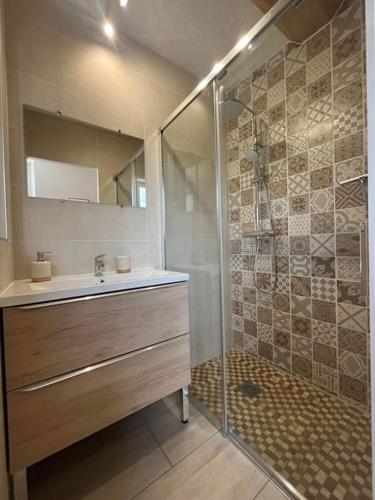 une salle de bain avec douche et lavabo dans l'établissement Le Petit Portais, à Port-en-Bessin-Huppain