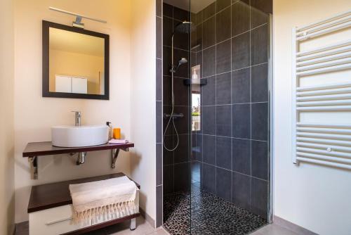 un baño con lavabo y ducha en Cocon vert proche mer, en Plouhinec