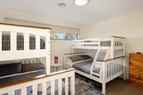 1 dormitorio con 2 literas y escalera en Dromana Grove SPA & POOL sleeps 15, en Dromana
