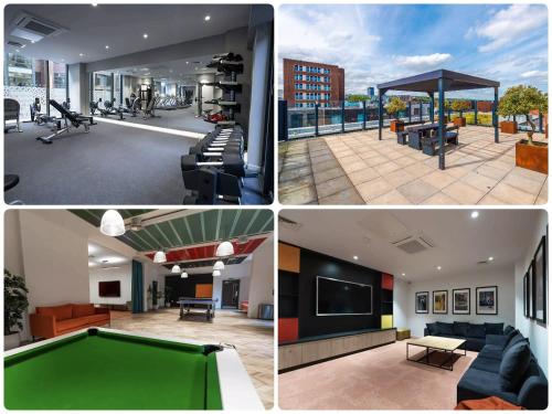 four different pictures of a room with a pool table at Luxury City Central Apartment. Roof Terrace, Gym, Cinema room + Games Area in Sheffield
