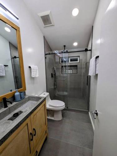 a bathroom with a shower and a toilet and a sink at La Jolla Retreat in San Diego