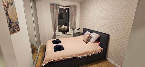 Dormitorio pequeño con cama con almohadas en Apartamenty Natura, en Opole