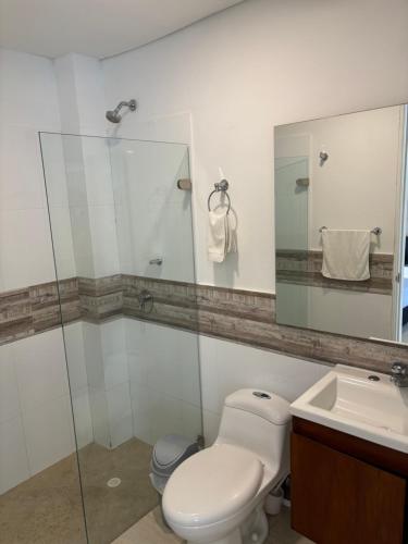 ein Badezimmer mit einem WC, einem Waschbecken und einem Spiegel in der Unterkunft Hotel Casa Cytia in Cartagena de Indias