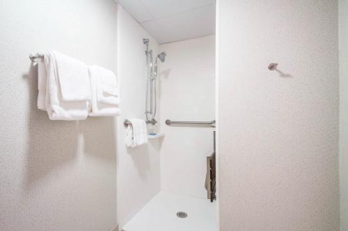 a bathroom with a shower and a toilet and towels at Holiday Inn Express & Suites - Albany Airport - Wolf Road by IHG in Albany