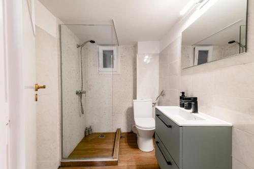 a bathroom with a toilet and a sink and a shower at Exarchia Artistic getaway for groups in Athens