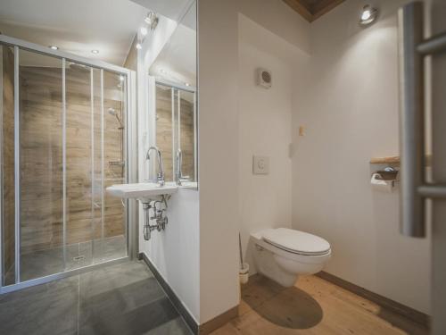 uma casa de banho com um WC, um chuveiro e um lavatório. em Bella Vista XL em Wald im Pinzgau