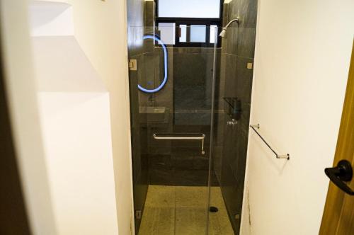 ein Bad mit einer Dusche und einer Glastür in der Unterkunft Centro Expositor, Feria de Puebla, Estadios, Acuario #1 in Puebla