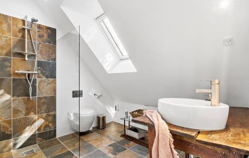 哈德斯萊夫的住宿－Amazing Home In Haderslev With Kitchen，一间带水槽和玻璃淋浴的浴室
