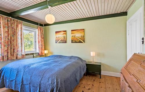 a bedroom with a blue bed and a window at Nice Home In Tranekær With Kitchen in Tranekær