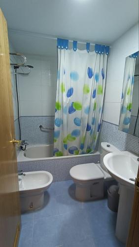 a bathroom with a toilet and a shower curtain at Un balcon al paraiso in Cerler