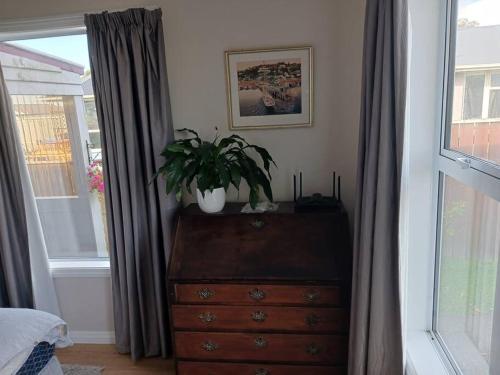 a bedroom with a dresser with a plant on top of it at Charming House in Westport in Westport