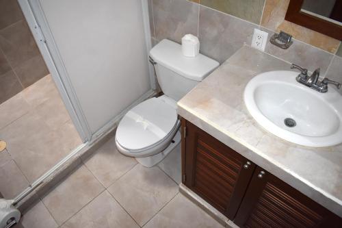 a bathroom with a toilet and a sink at Hotel Plaza Almendros, Isla Mujeres in Isla Mujeres