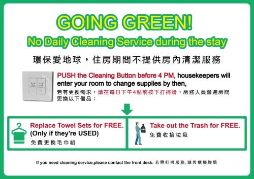 ein Schild, auf dem steht, grün zu werden mit einem Text, der keinen täglichen Reinigungsservice während in der Unterkunft Muzik Hotel - Ximen Station Branch in Taipeh