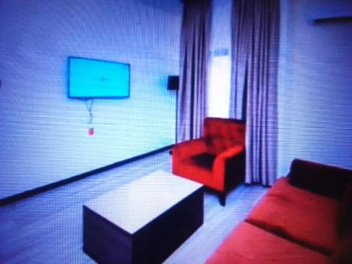 a living room with a red couch and a tv at Villa toscana okpanam Rd Asaba in Okpanam