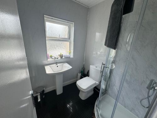 a bathroom with a sink and a toilet and a window at Woodman House- 7 Bed House in Egremont