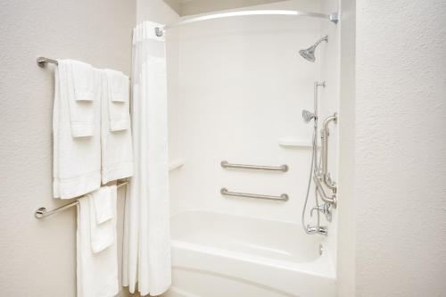 a bathroom with a shower and white towels at Holiday Inn Express & Suites Chicago North Shore - Niles, an IHG Hotel in Niles
