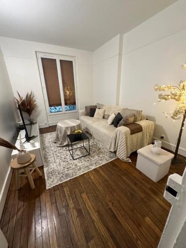 un salon avec un canapé et une table dans l'établissement Cosy Haussmannien appartement, à Paris