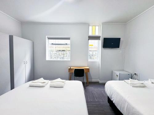 Pokój z 2 łóżkami i biurkiem z telewizorem w obiekcie 140 Ghuznee Hostel w mieście Wellington