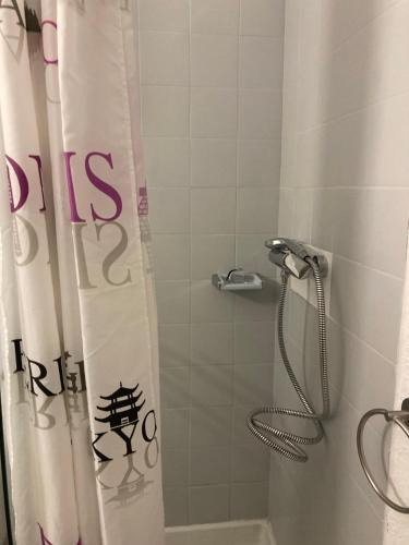 une douche avec un rideau de douche dans une salle de bain dans l'établissement studio cabine mer, à Port-la-Nouvelle