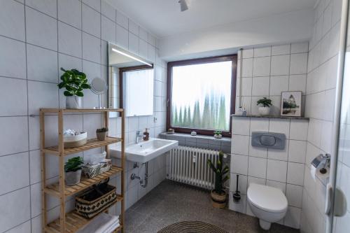 a bathroom with a sink and a toilet and a window at Cozy II Luxuriös Moselview Terrasse Garten NETFLIX in Leiwen