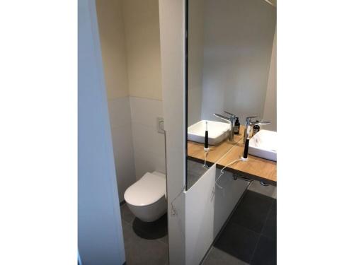 a bathroom with two sinks and a toilet at Lake idyll Comfortable holiday residence in Repente