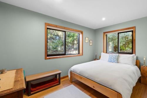 - une chambre avec un lit et 2 fenêtres dans l'établissement Supplejack Gardens, à Upper Moutere