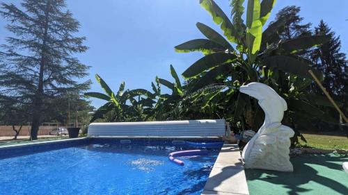 une statue de cygne assise à côté d'une piscine dans l'établissement Domaine mon doux rêve, à Terrasson