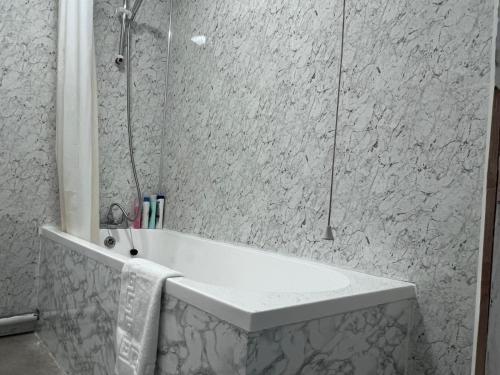 a white bath tub in a bathroom with a shower at Spacious 3 Bed Flat in Greenwich in London